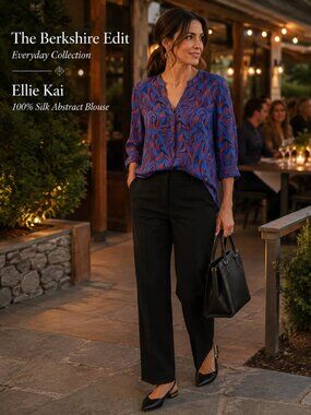 Ellie Kai 100% Silk Abstract Print V Neck Blouse Blue Red Size 0